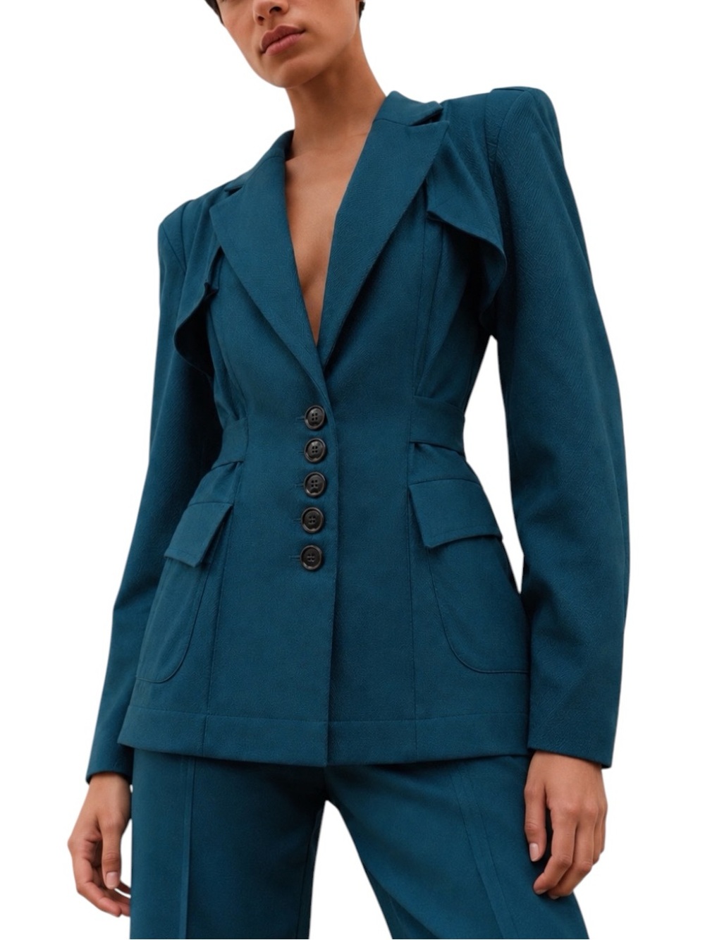 NANETTE LEOPORE Teal Utility Blazer Structured Waist | Ruffle Drama | Size 8 NWT